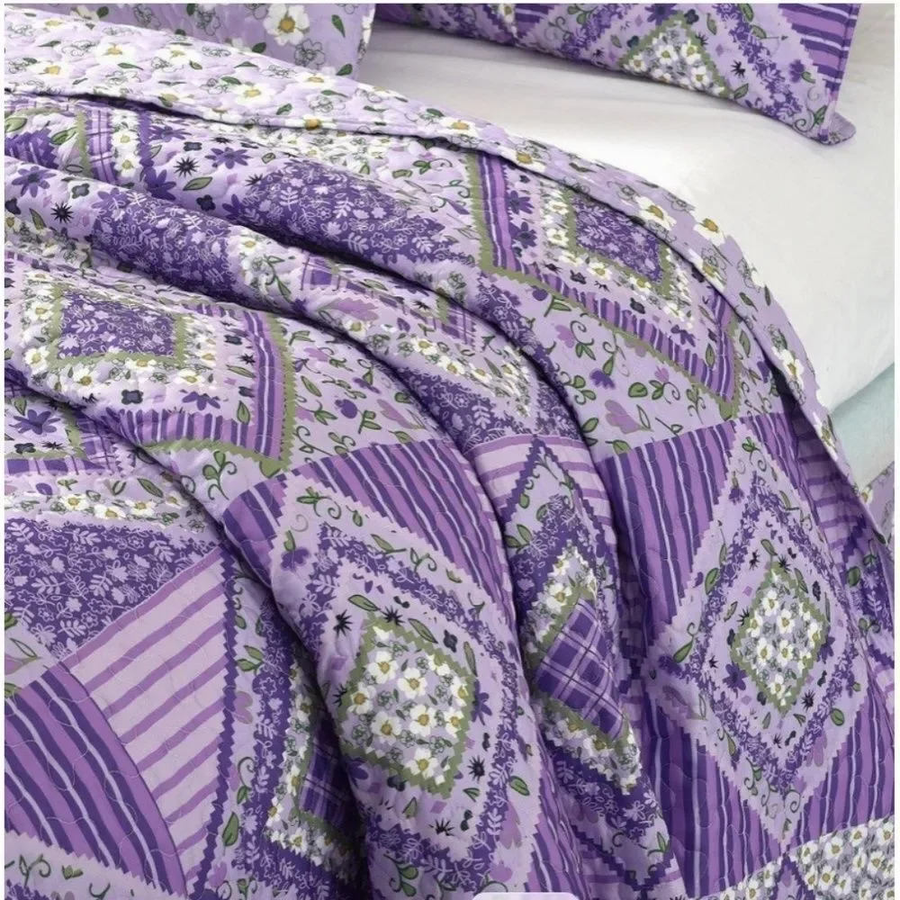 Purple Lavender Floral Printed Patchwork Queen Quilt Set Cottage Farmhouse